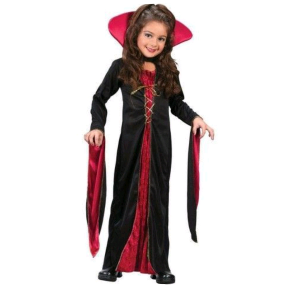🦇🖤 Girl's Victorian Vampire Bride Countess Black & Red Satin Dress Halloween